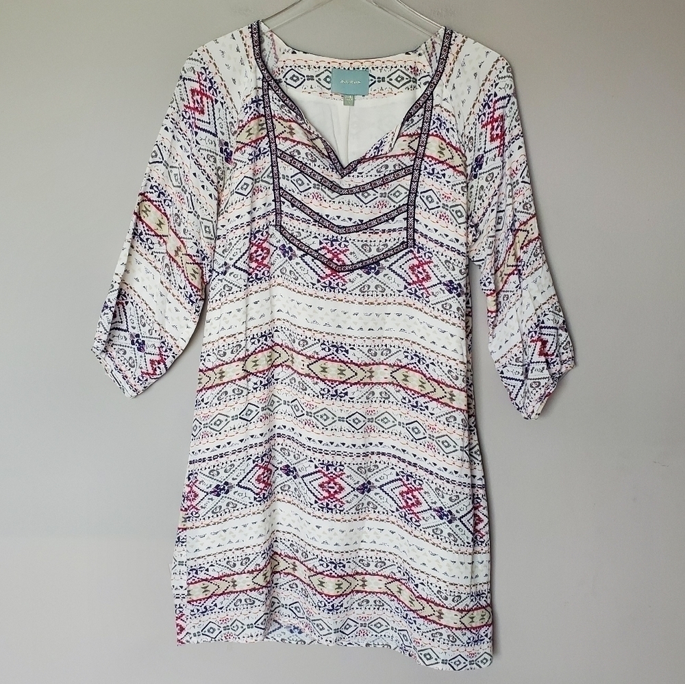 Anthropologie Cream Boho Printed Shift Dress with Pink & Blue Accents - Picture 13 of 13